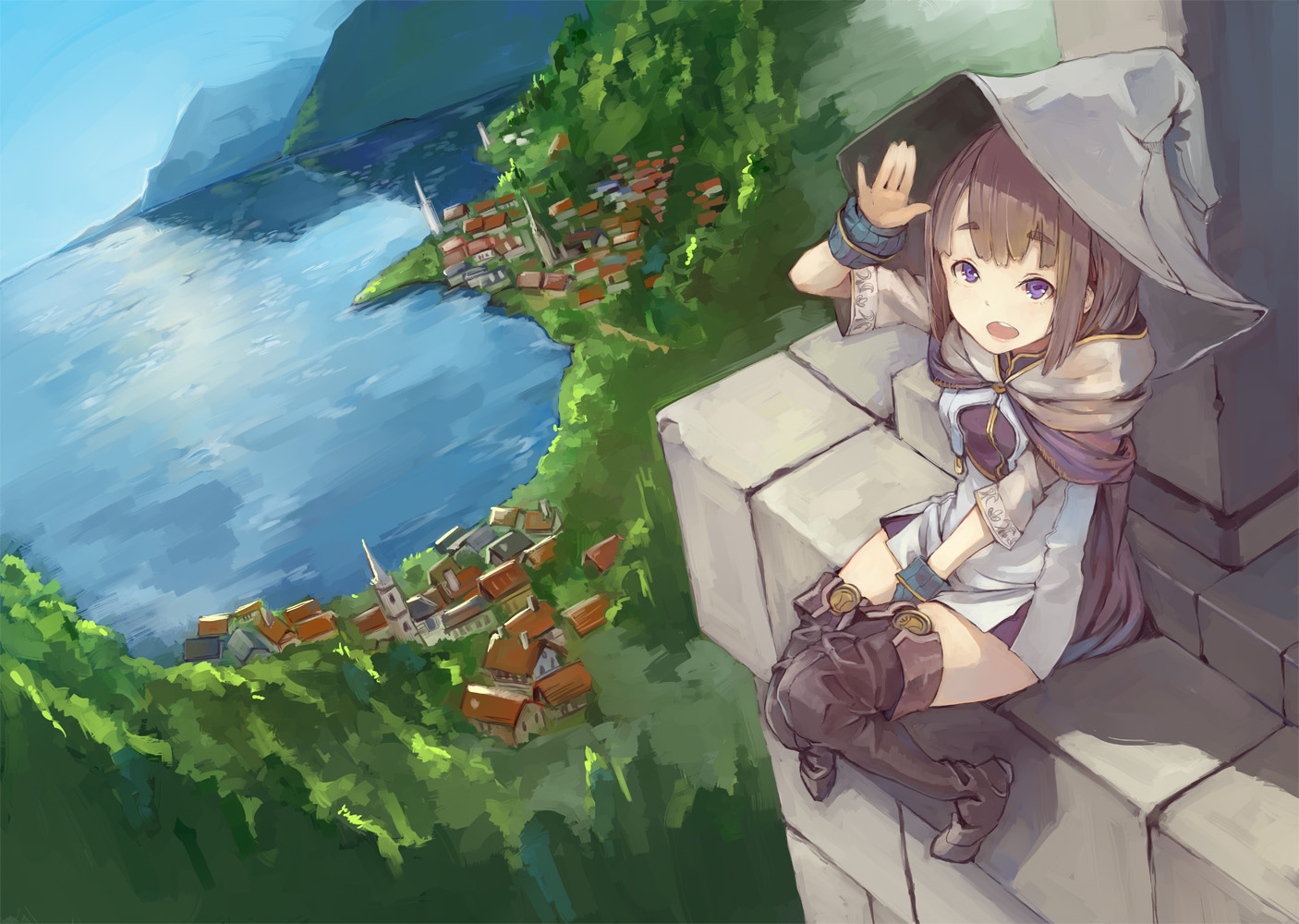 brown_hair, hat, original, purple_eyes, suzu_no, thighhighs, water, witch_hat