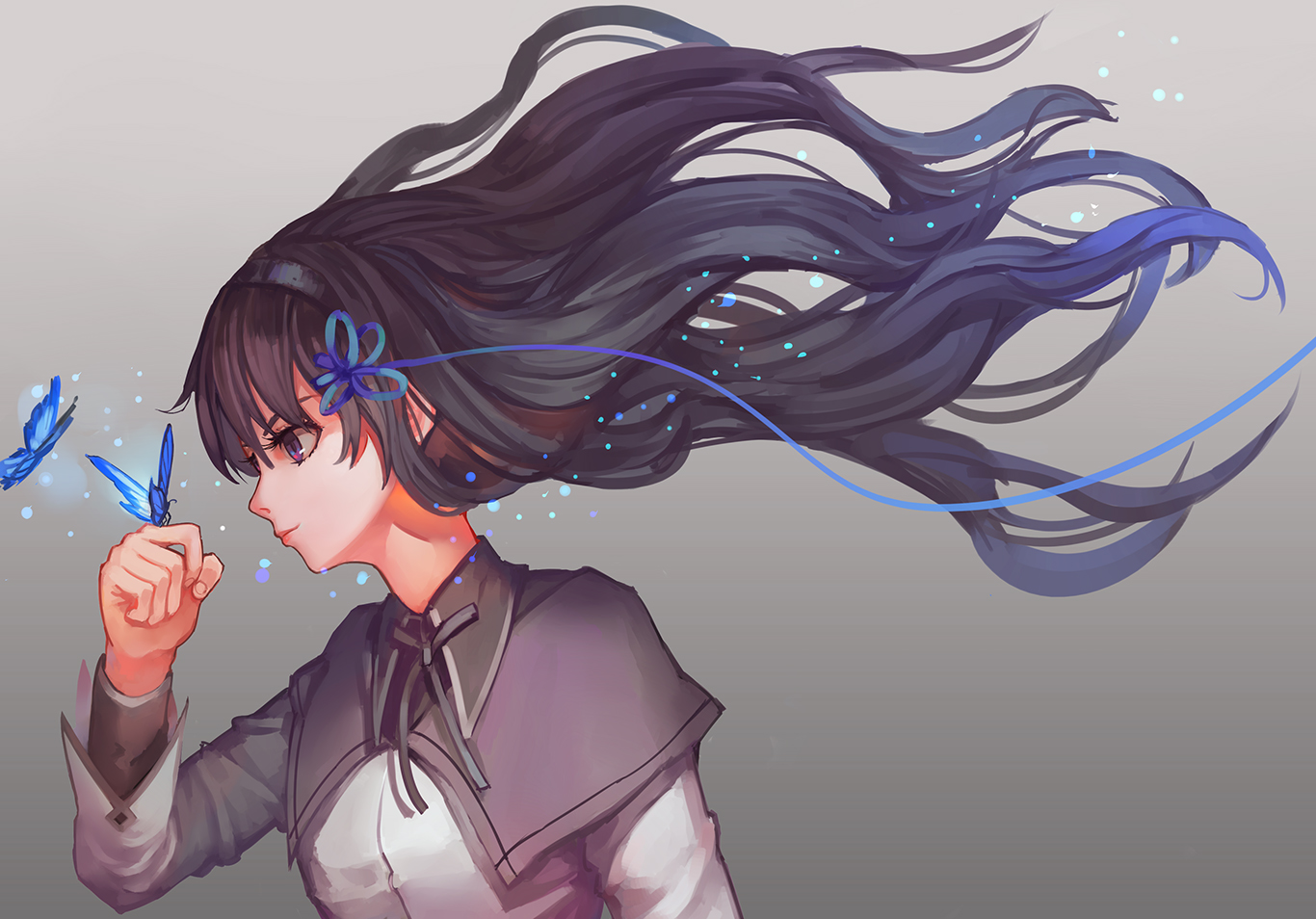 akemi_homura, animal, black_eyes, black_hair, butterfly, hoshimawa, long_hair, mahou_shoujo_madoka_magica