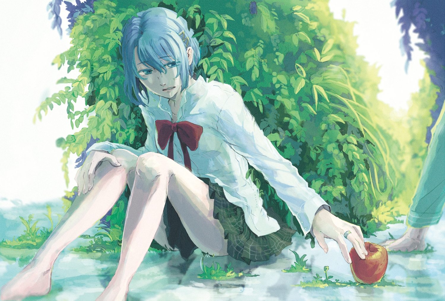 apple, barefoot, blue_eyes, blue_hair, food, fruit, mahou_shoujo_madoka_magica, miki_sayaka, sakura_kyouko, school_uniform, short_hair, skylark_12