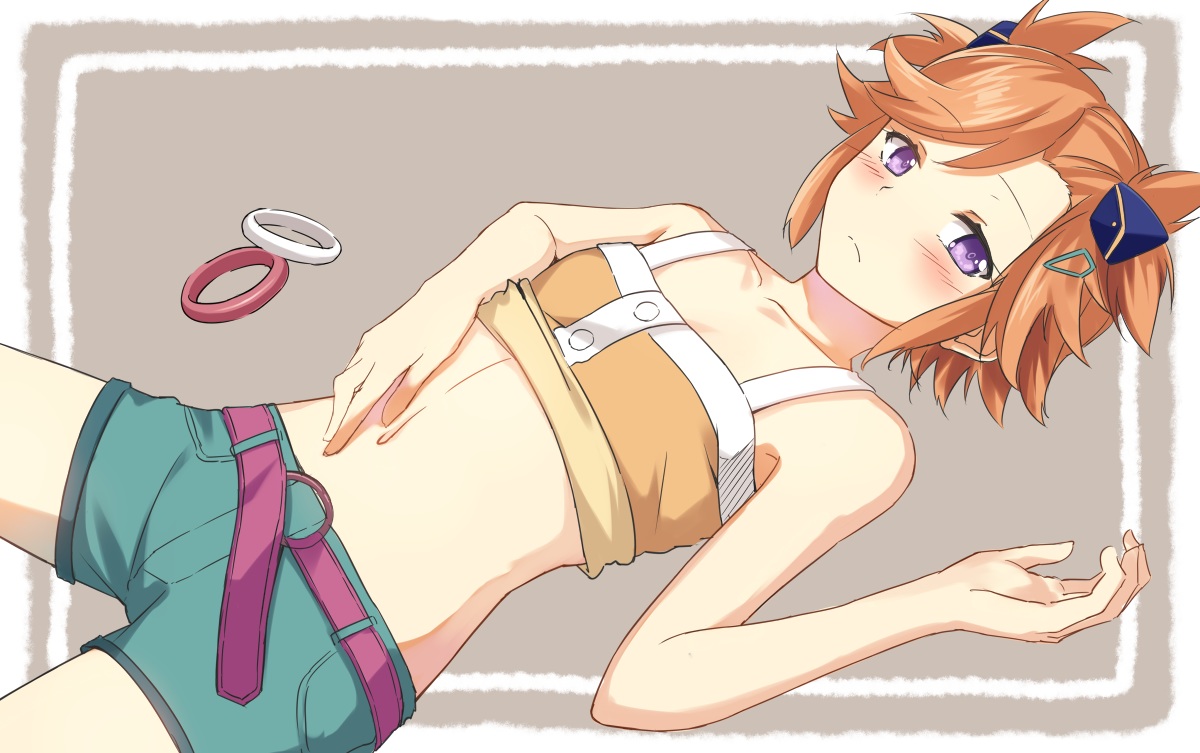 blush, brown_hair, captain_earth, cccpo, headdress, navel, purple_eyes, short_hair, shorts, yomatsuri_akari
