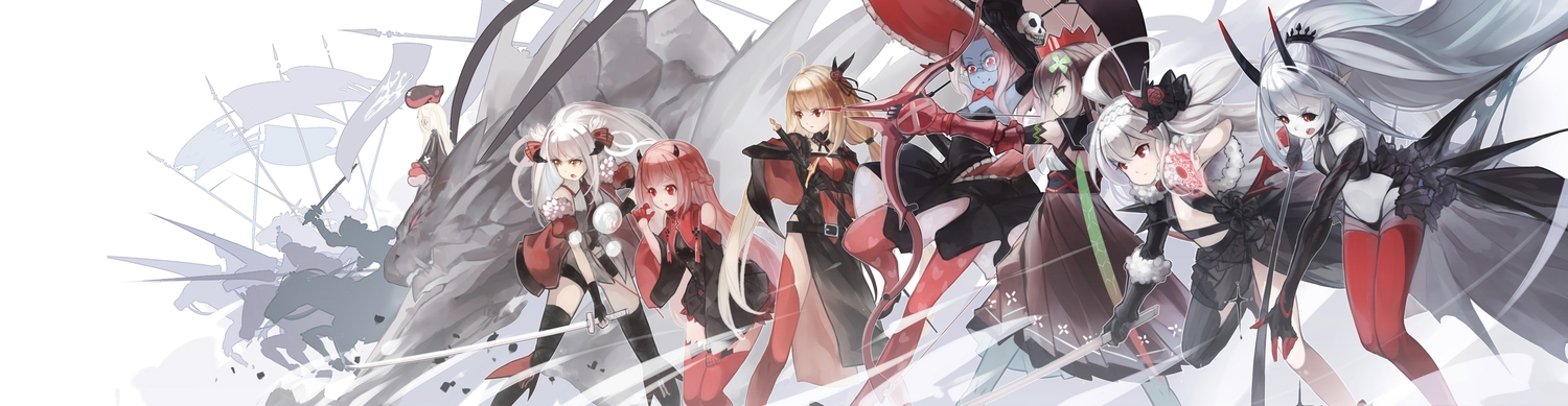 black_hair, blonde_hair, bow_(weapon), crown, dress, dualscreen, eli_amethyst, glasses, gray_hair, green_eyes, group, hat, horns, long_hair, magic, original, pixiv_fantasia, pointed_ears, primrose, red_eyes, red_hair, rulu, shiro_elias, skull, sword, thighhighs, umbrella, weapon, white_hair, wings, witch_hat