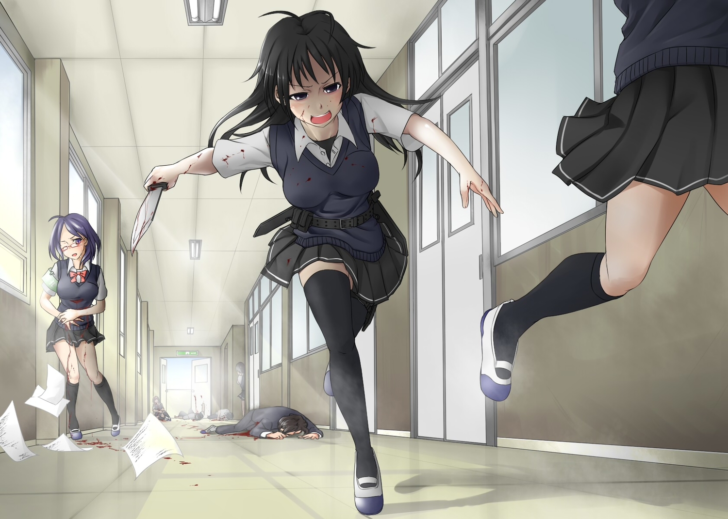 black_eyes, black_hair, blood, erikku_(kata235), knife, original, school_uniform