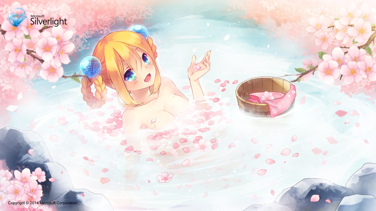 aizawa_hikaru, aqua_eyes, bath, blonde_hair, braids, breasts, cleavage, flowers