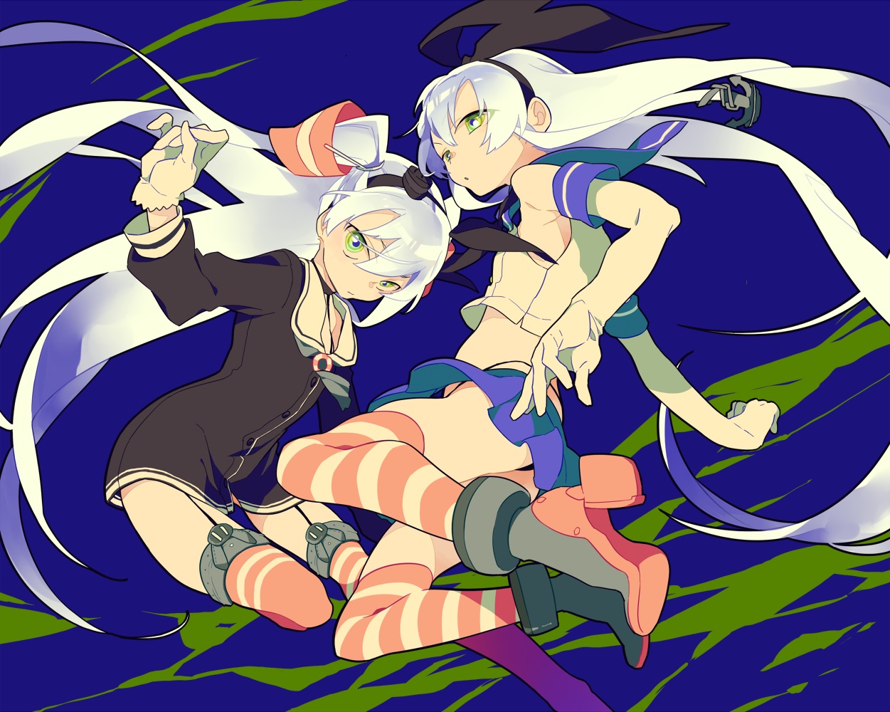 2girls, amatsukaze_(kancolle), anthropomorphism, boots, elbow_gloves, gloves, green_eyes, kantai_collection