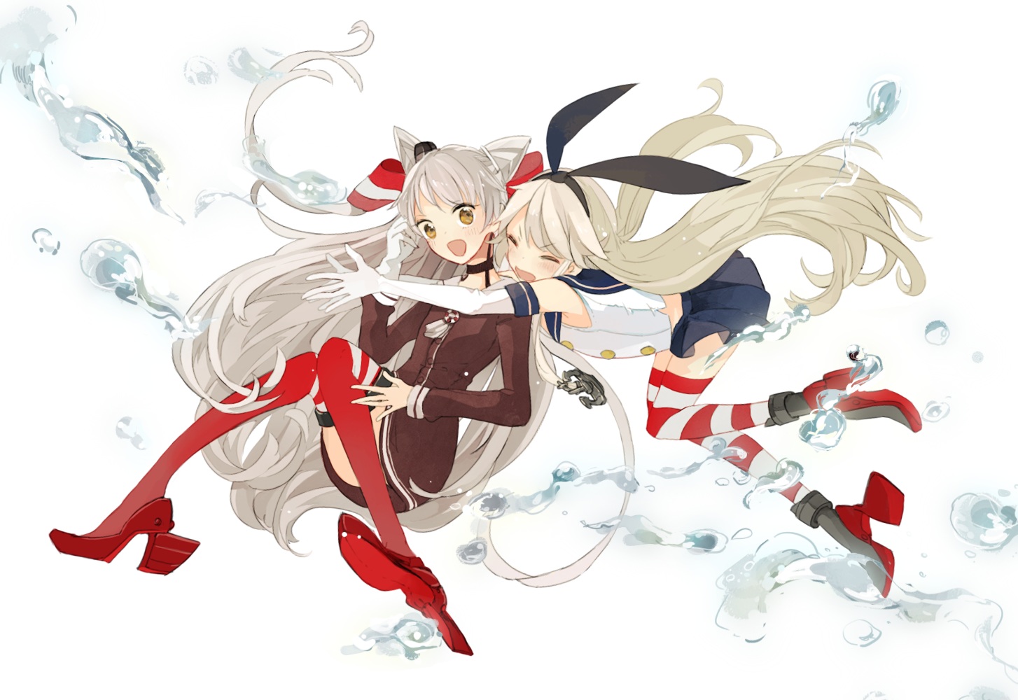 2girls, amatsukaze_(kancolle), anthropomorphism, hug, kantai_collection, shimakaze_(kancolle), shiyoko_(syokorate)