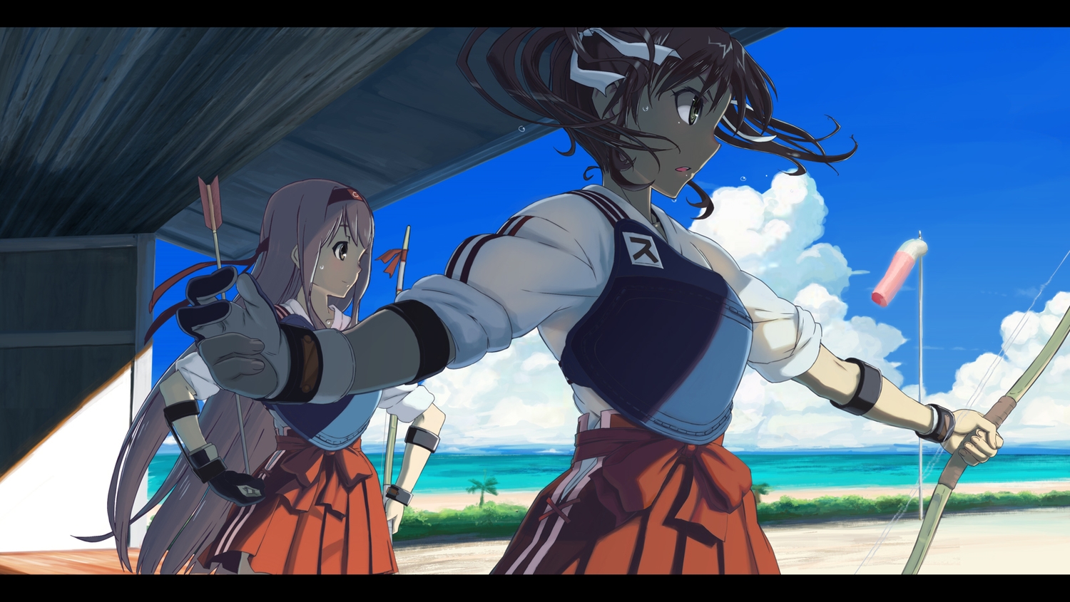 2girls, anthropomorphism, bow_(weapon), brown_eyes, brown_hair, clouds, gloves, headband, kaku_choushi, kantai_collection, long_hair, pink_hair, shoukaku_(kancolle), water, weapon, zuikaku_(kancolle)