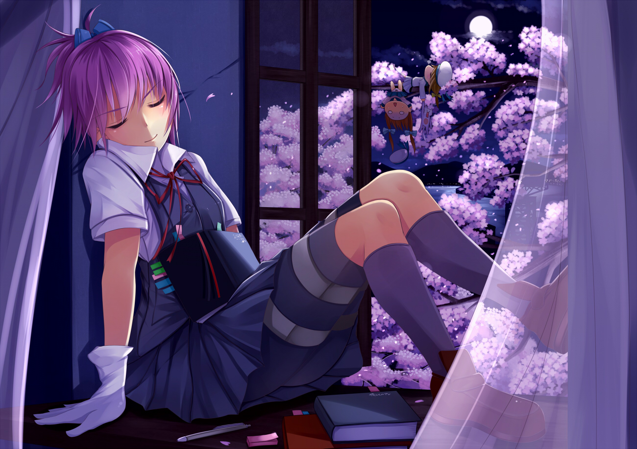 anthropomorphism, bike_shorts, book, cherry_blossoms, error_musume_(kancolle), fairy_(kancolle), flowers, gloves, kantai_collection, kneehighs, moon, night, pink_hair, ponytail, ribbons, school_uniform, shiranui_(kancolle), shorts, skirt, sleeping, suohachi, tree
