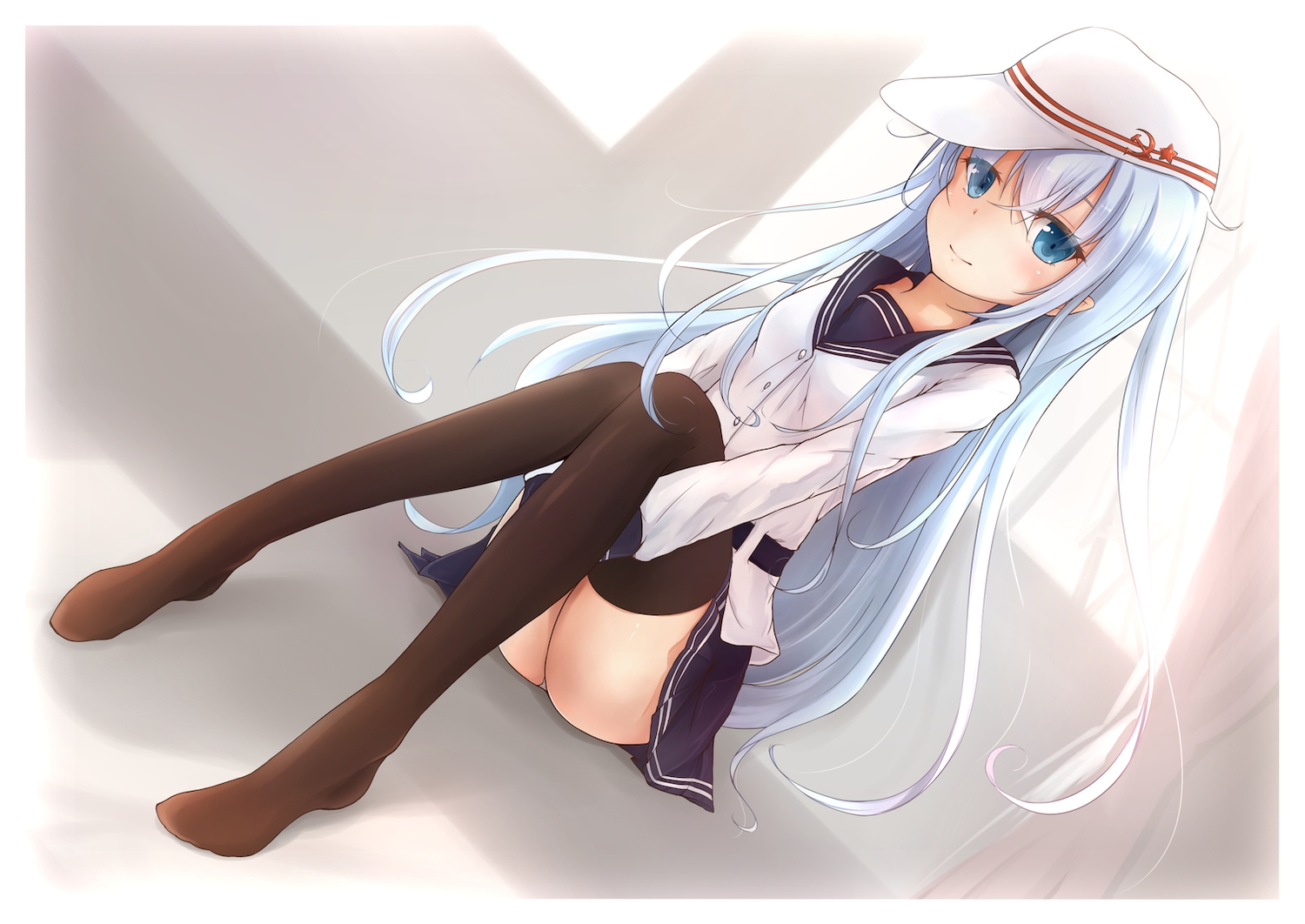 anthropomorphism, blue_eyes, blue_hair, hat, hibiki_(kancolle), kantai_collection, mitsukii, panties, school_uniform, skirt, thighhighs, underwear, upskirt, verniy_(kancolle)