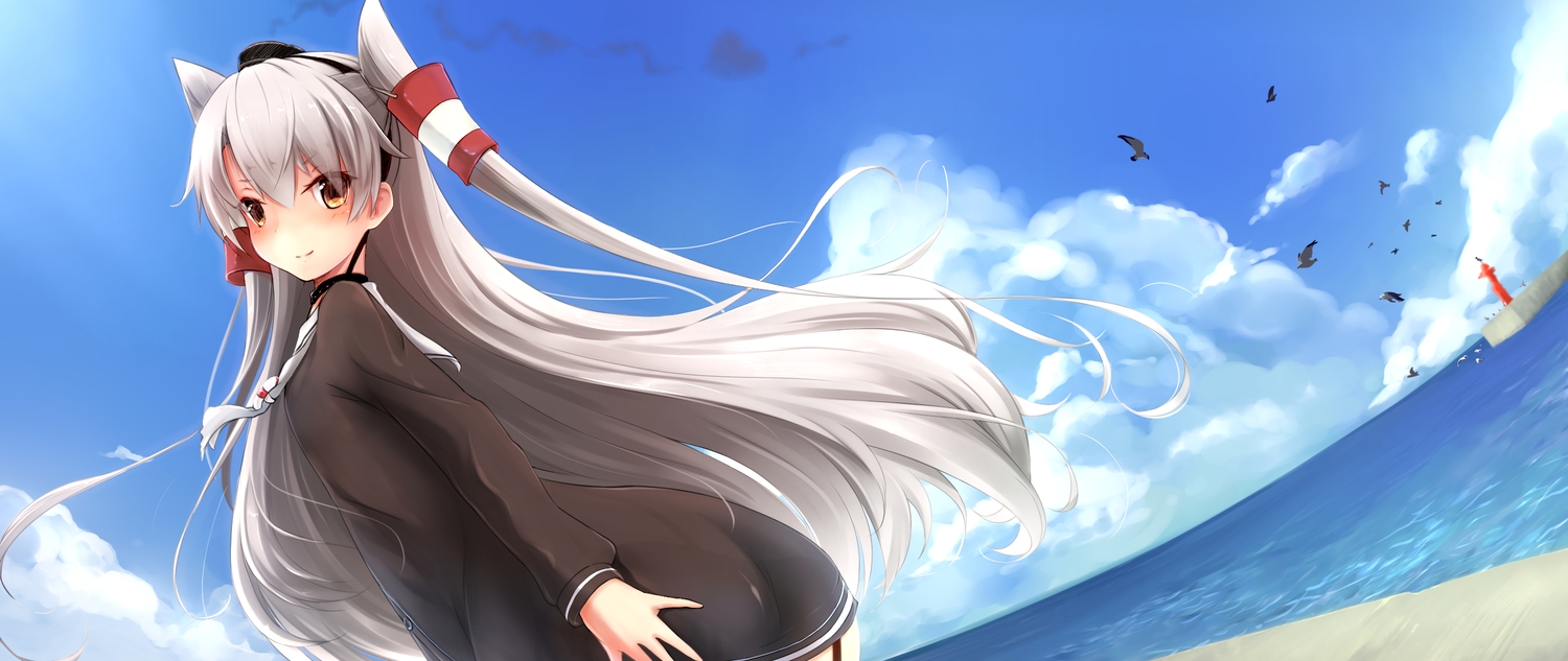 amatsukaze_(kancolle), anthropomorphism, blush, choker, clouds, gray_hair, kantai_collection, long_hair