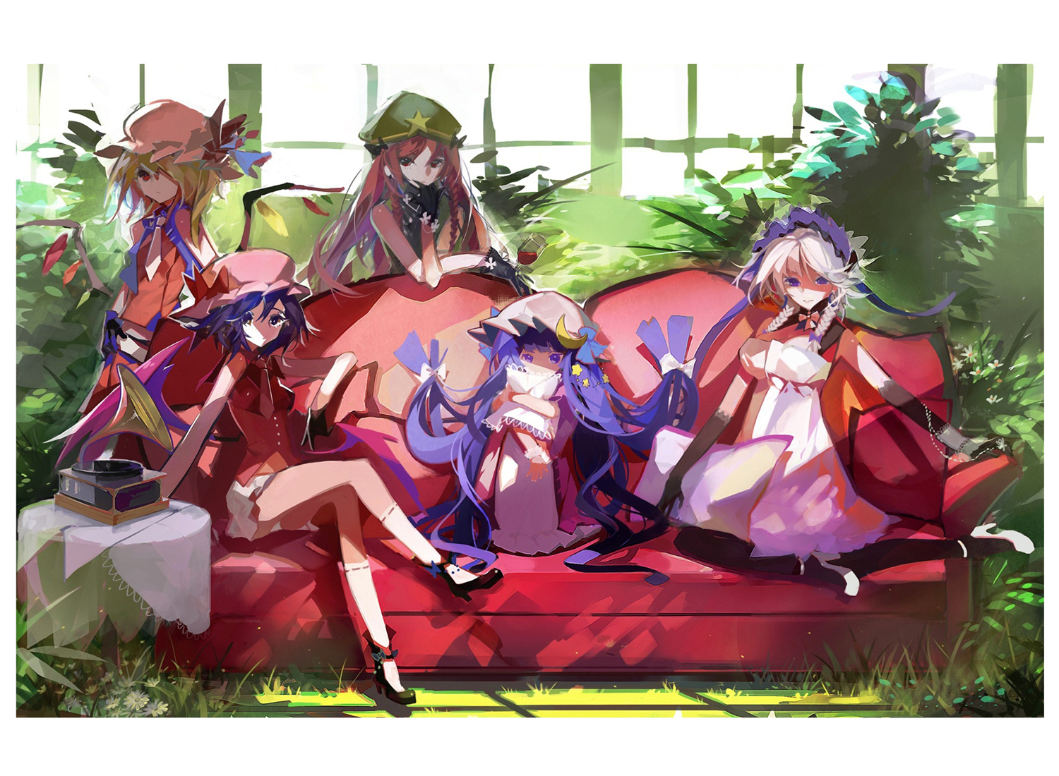 blonde_hair, bow, braids, dress, drink, elbow_gloves, flandre_scarlet, gloves, grass, gray_hair, group, hat, headdress, hong_meiling, izayoi_sakuya, long_hair, pantyhose, patchouli_knowledge, purple_hair, red_hair, remilia_scarlet, shikido, short_hair, socks, tie, touhou, vampire, wings, wristwear
