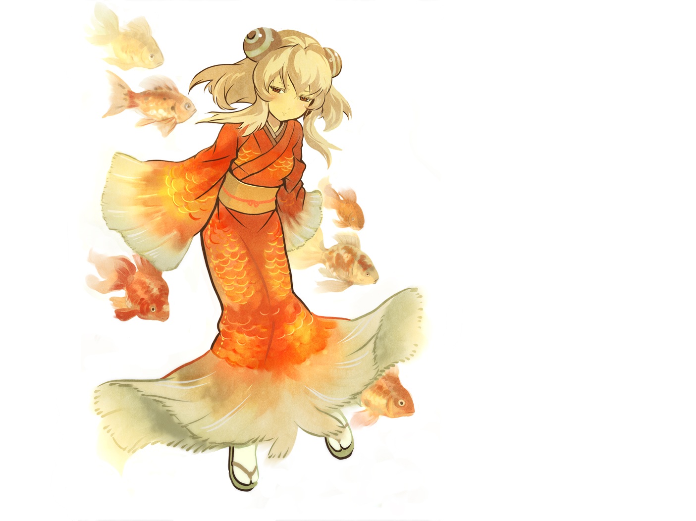 animal, blonde_hair, brown_eyes, fish, japanese_clothes, kimono, long_hair, original