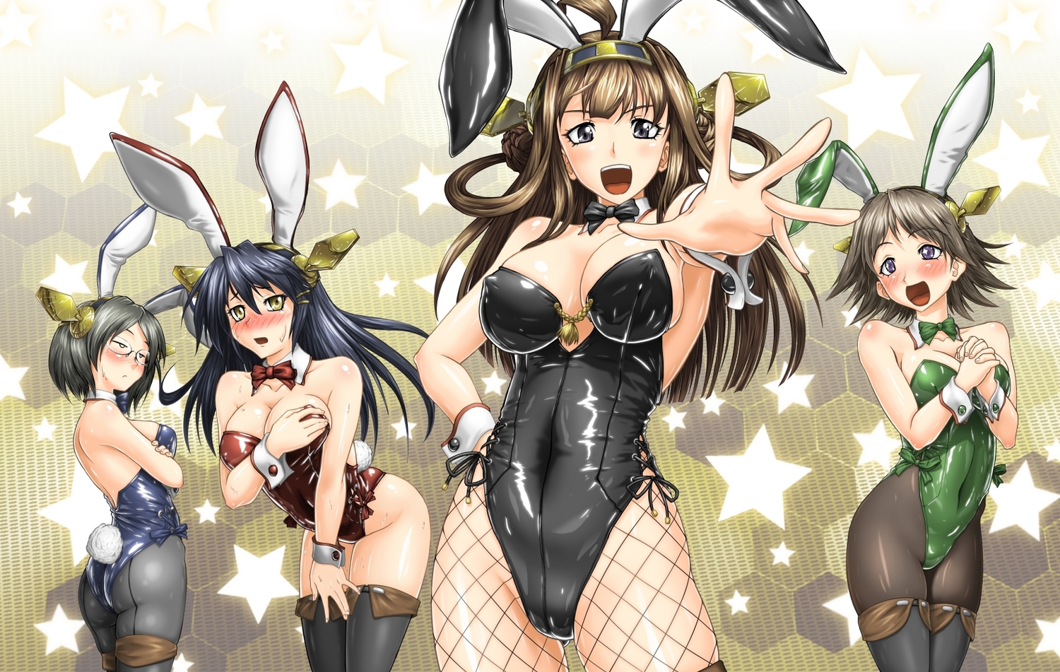 animal_ears, anthropomorphism, black_eyes, black_hair, blush, bodysuit, breast_hold, breasts, brown_eyes, brown_hair, bunny_ears, bunnygirl, cleavage, cocoa_(cocoa0191), erect_nipples, glasses, group, haruna_(kancolle), hiei_(kancolle), kantai_collection, kirishima_(kancolle), kongou_(kancolle), pantyhose, skintight, thighhighs