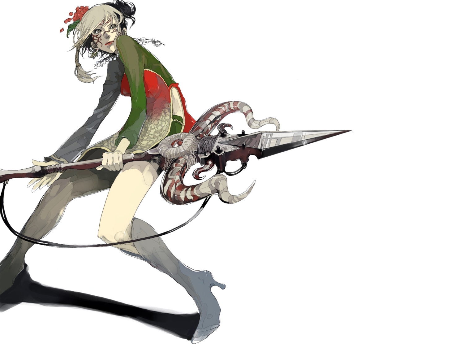 boots, braids, dress, gray_eyes, gray_hair, headdress, isuzu, long_hair, necklace, spear, tattoo, weapon