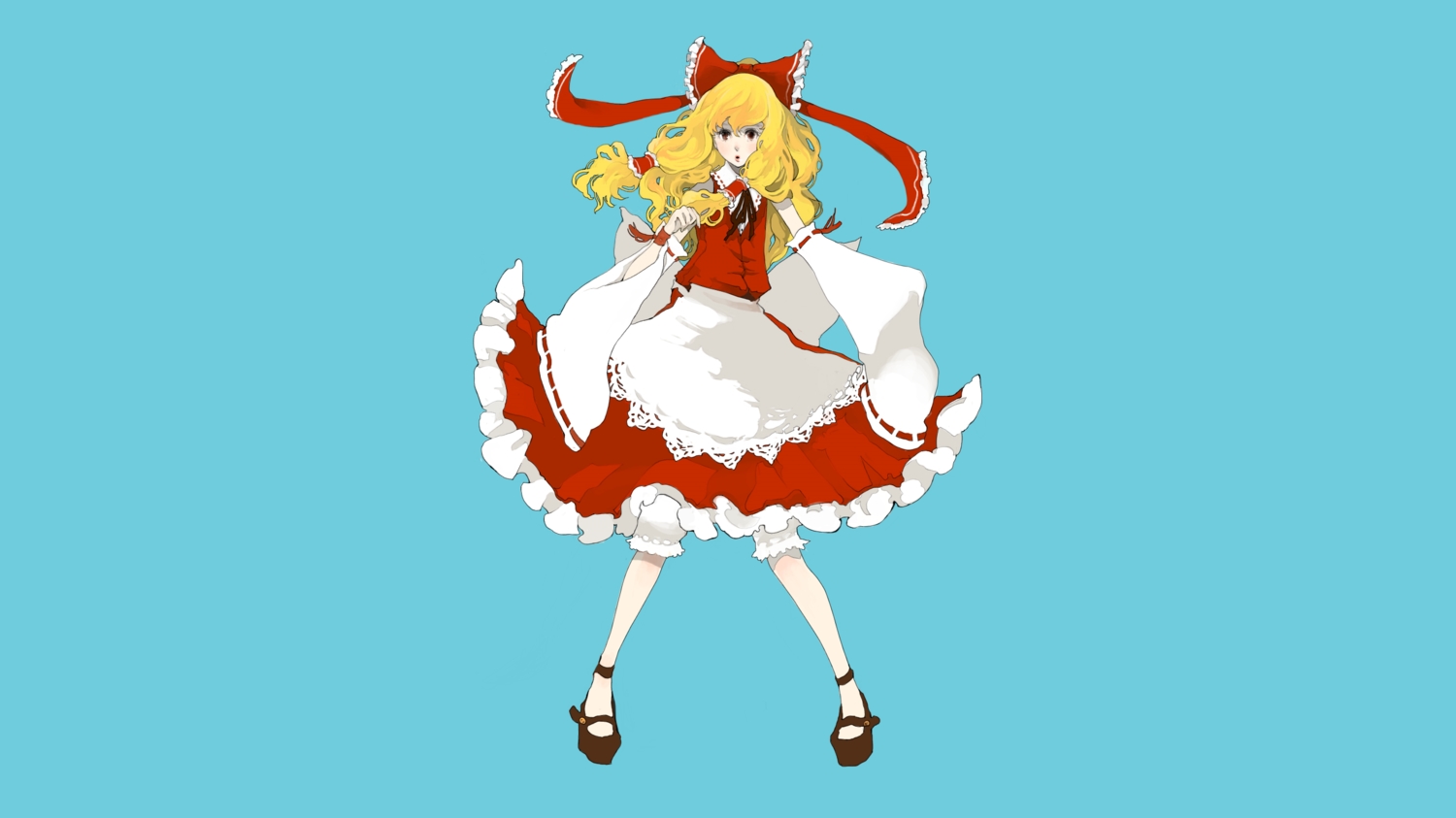 blonde_hair, bloomers, bow, brown_eyes, cosplay, cyan, headdress, isuzu