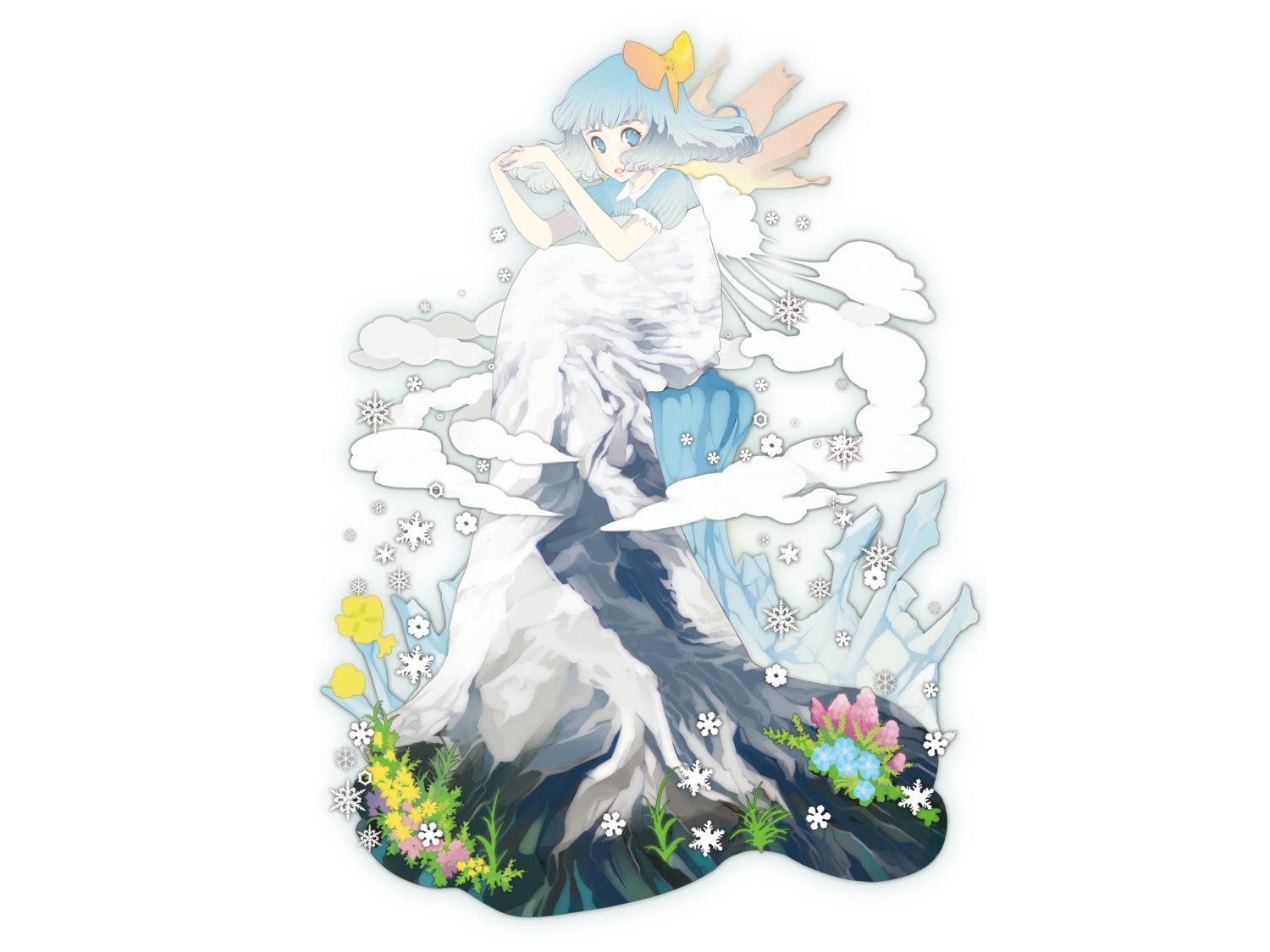 anthropomorphism, blue_eyes, blue_hair, bow, clouds, dress, flowers, isuzu