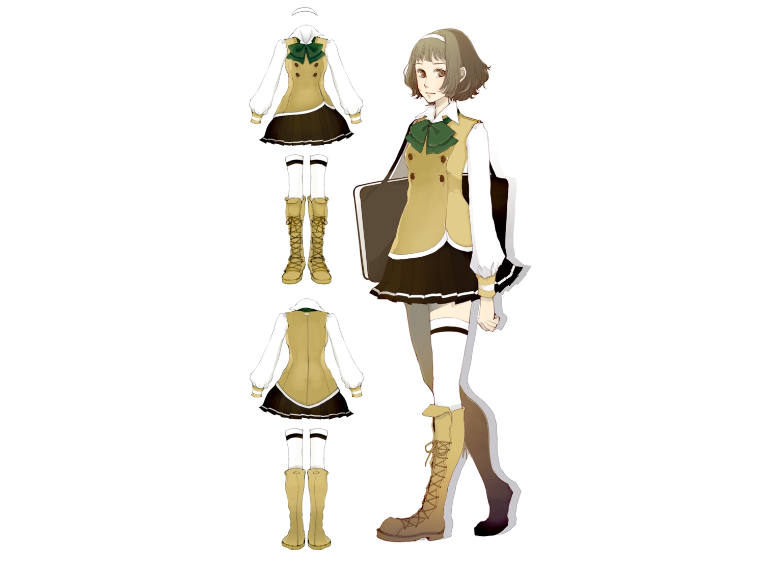 boots, bow, green_eyes, green_hair, isuzu, original, school_uniform, short_hair