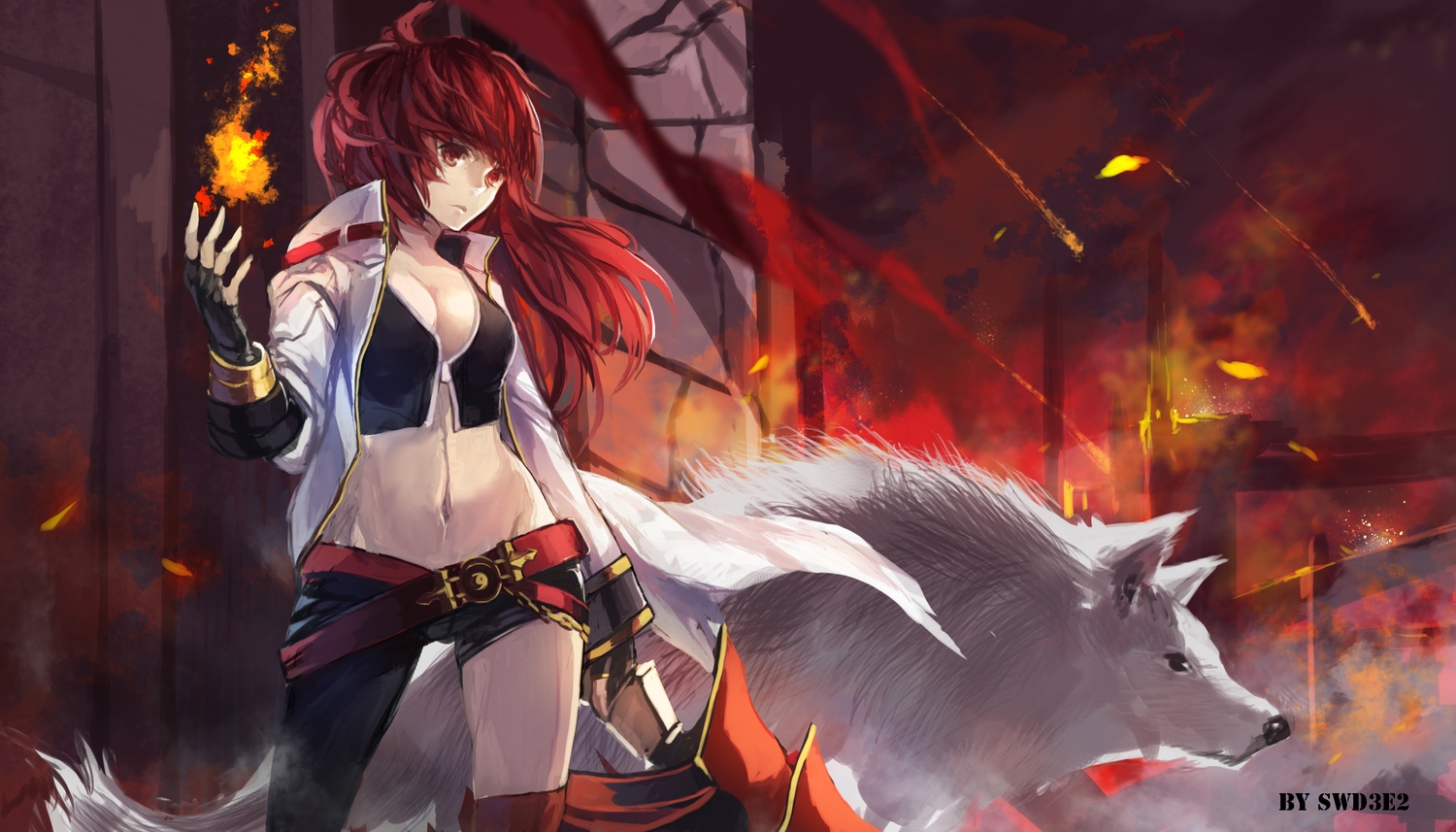 animal, breasts, cleavage, elesis_(elsword), elsword, fire, gloves, long_hair