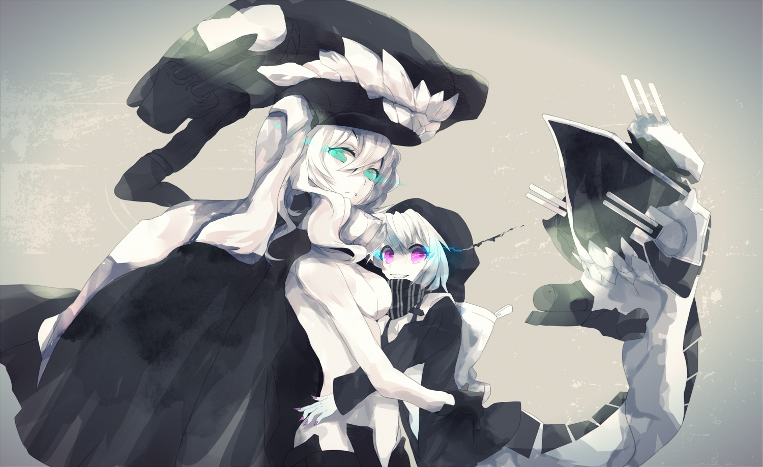 2girls, anthropomorphism, green_eyes, hug, kantai_collection, oluha, purple_eyes, re-class_battleship, white_hair, wo-class_aircraft_carrier