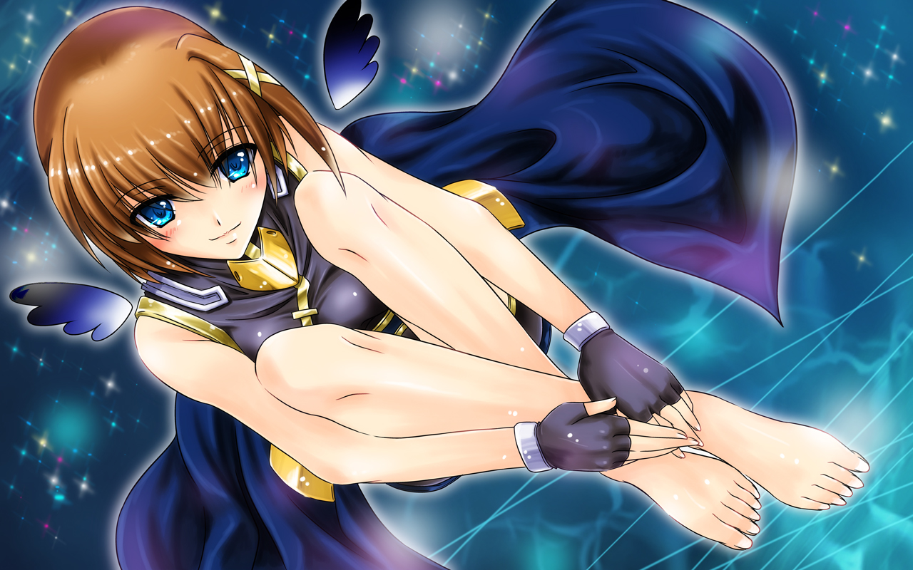 barefoot, blue_eyes, blush, brown_hair, mahou_shoujo_lyrical_nanoha, mahou_shoujo_lyrical_nanoha_a's, mahou_shoujo_lyrical_nanoha_strikers, san_pon