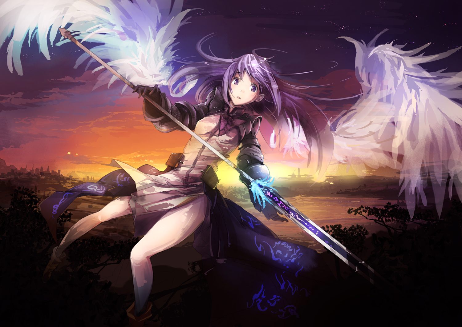aselia, eien_no_aselia, miya_kazutomo, night, purple_eyes, purple_hair, sky, spear, sunset, weapon, wings