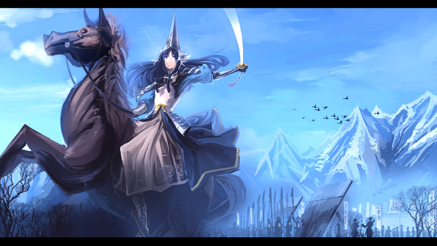 animal, bird, blue_hair, bow_(weapon), clouds, horse, katana, long_hair