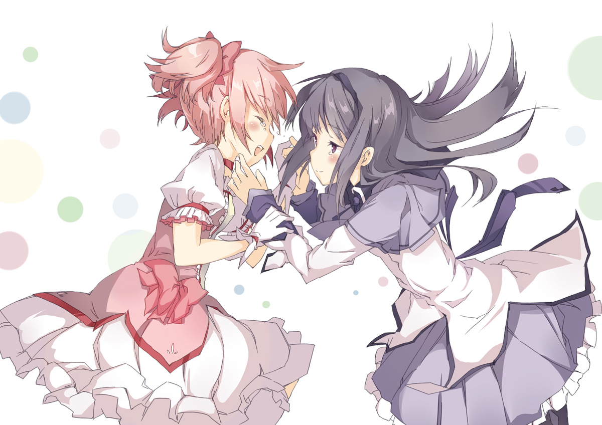 akemi_homura, black_hair, gloves, kaname_madoka, mahou_shoujo_madoka_magica, miya_kazutomo, pink_hair, purple_eyes, short_hair, shoujo_ai, tears, twintails