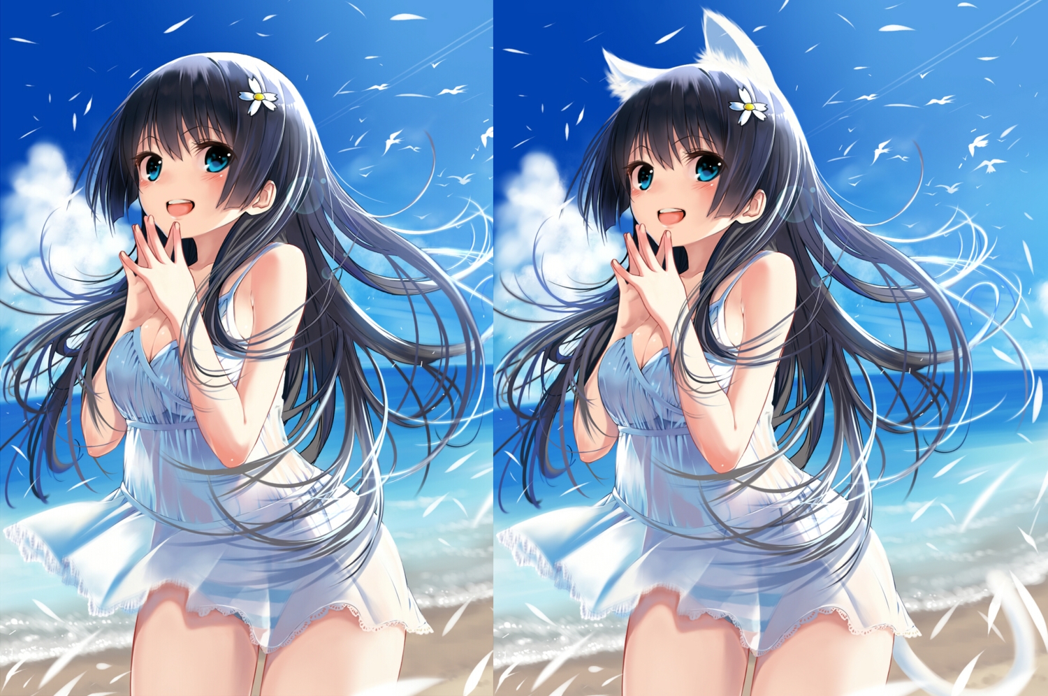 animal, animal_ears, bird, black_hair, blue_eyes, breasts, cleavage, clouds