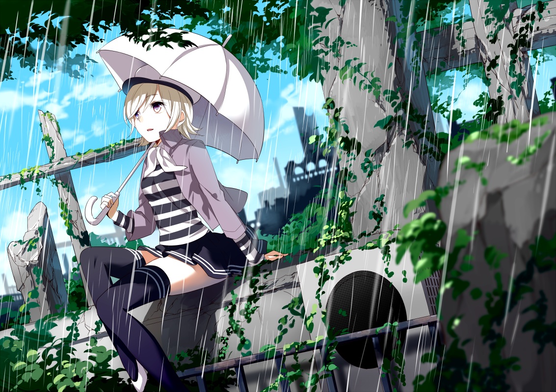 ama_no_jaku_(vocaloid), gumi, rain, skirt, stockings, thighhighs, umbrella, vocaloid