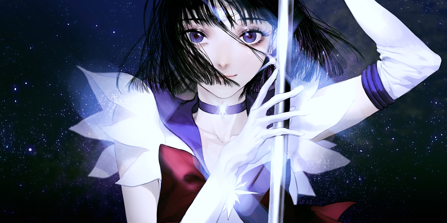 black_hair, blue_eyes, choker, elbow_gloves, gloves, rukiana, sailor_moon, sailor_saturn