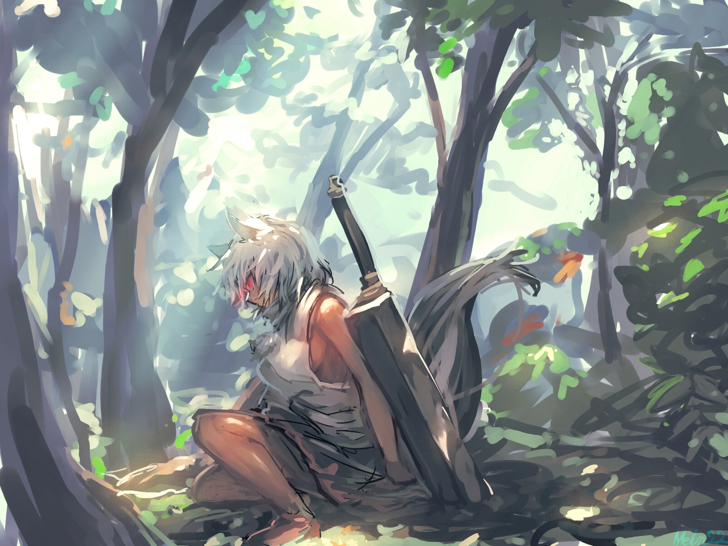animal_ears, breasts, dark_skin, forest, inubashiri_momiji, red_eyes, short_hair, sideboob