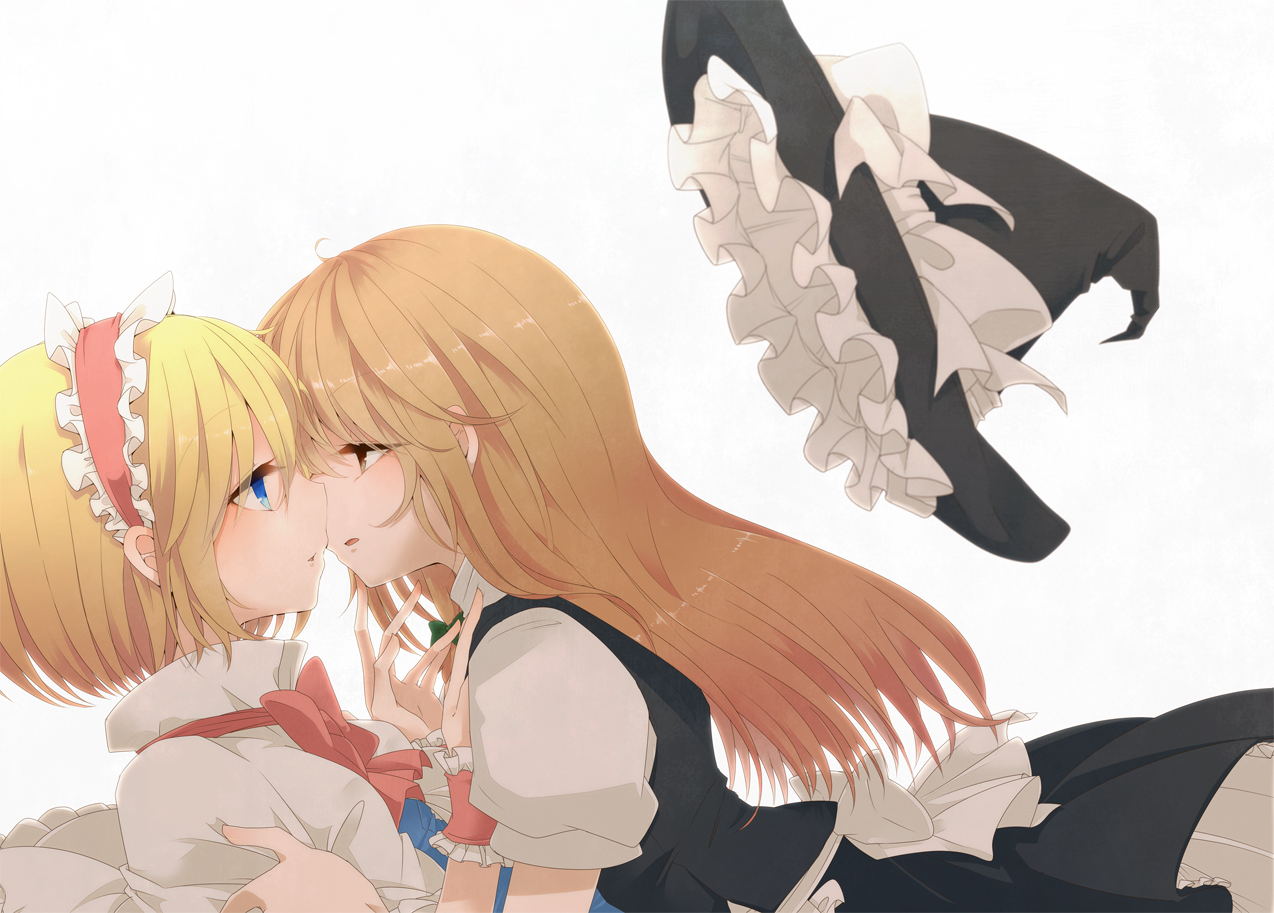 2girls, alice_margatroid, aoi_(annbi), blonde_hair, blue_eyes, brown_eyes, brown_hair, hat, headband, kirisame_marisa, ribbons, shoujo_ai, touhou, witch