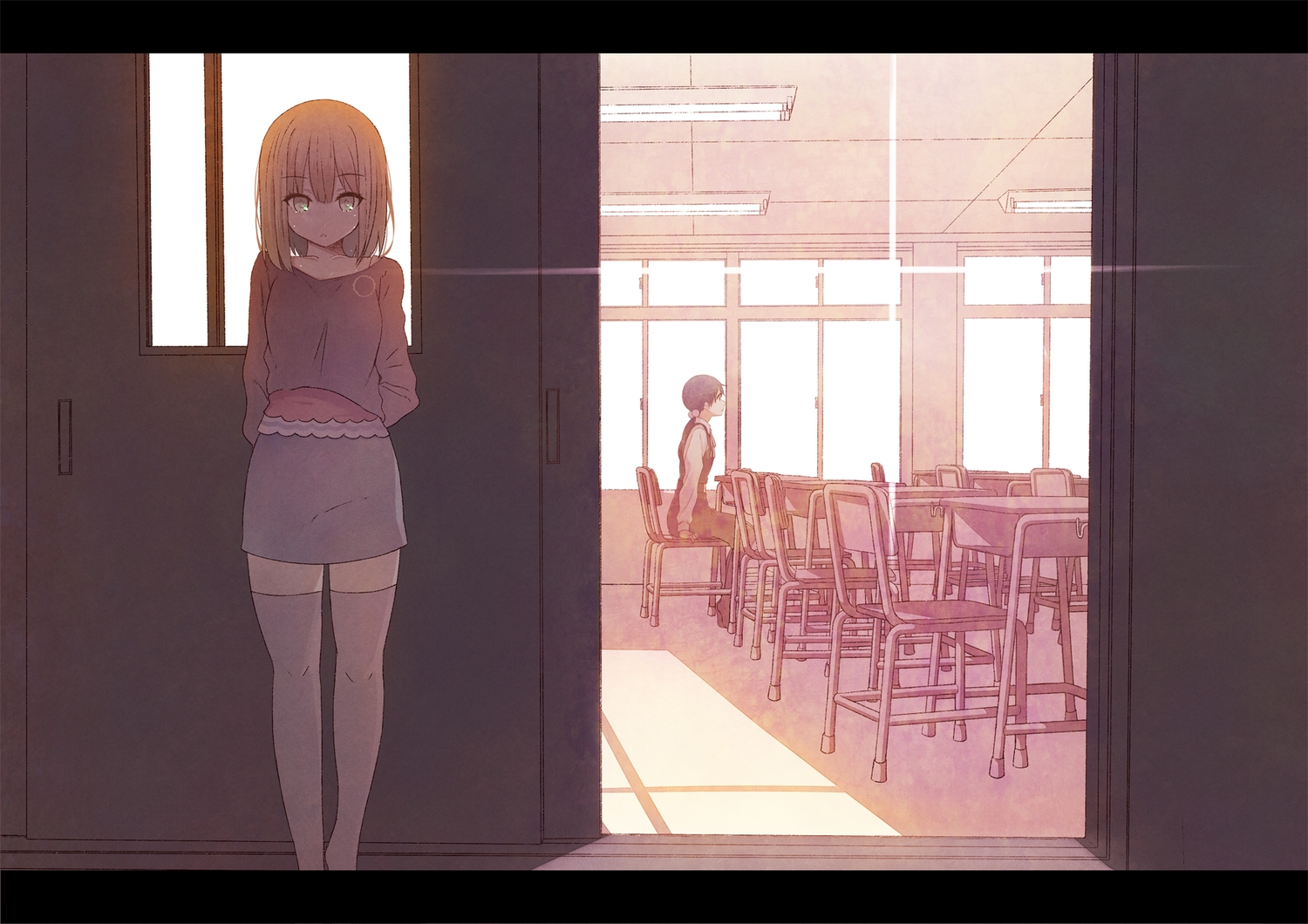 black_hair, brown_hair, furai, kitashirakawa_tamako, ponytail, skirt, tamako_market, tears, thighhighs, tokiwa_midori, zettai_ryouiki