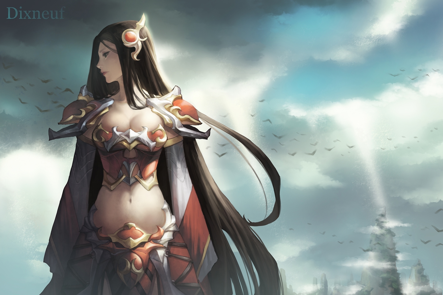 animal, armor, bird, black_eyes, black_hair, breasts, cleavage, eirashard, irelia, league_of_legends, long_hair, navel, watermark