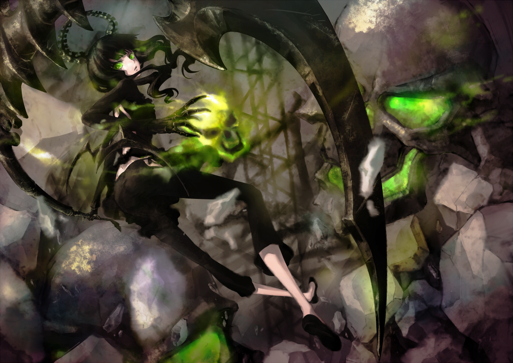 black_hair, black_rock_shooter, green_eyes, horns, long_hair, scythe, shanpao, skull, takanashi_yomi, weapon