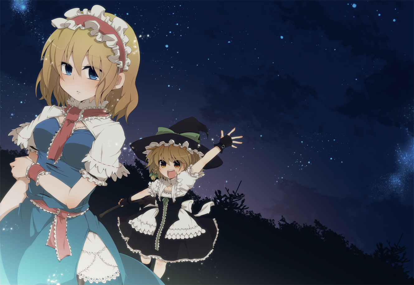 2girls, alice_margatroid, aoi_(annbi), blonde_hair, blue_eyes, blush, bow, gloves, hat, kirisame_marisa, night, sky, stars, touhou, witch, witch_hat, yellow_eyes