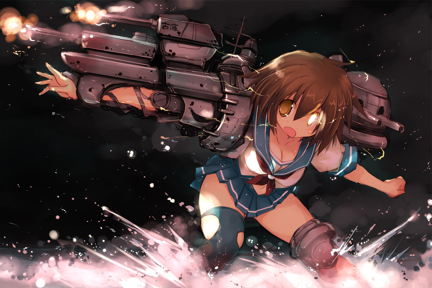 anthropomorphism, breasts, brown_eyes, brown_hair, cleavage, furutaka_(kancolle), jpeg_artifacts, kantai_collection