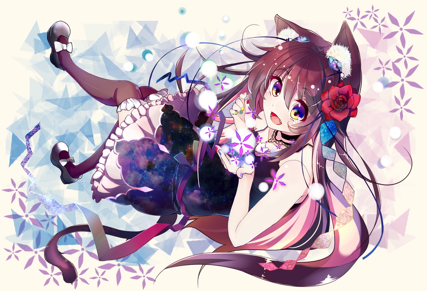 animal_ears, bow, brown_hair, catgirl, choker, fang, flowers, kyona_(konakona), long_hair, original, tail, thighhighs, yellow_eyes