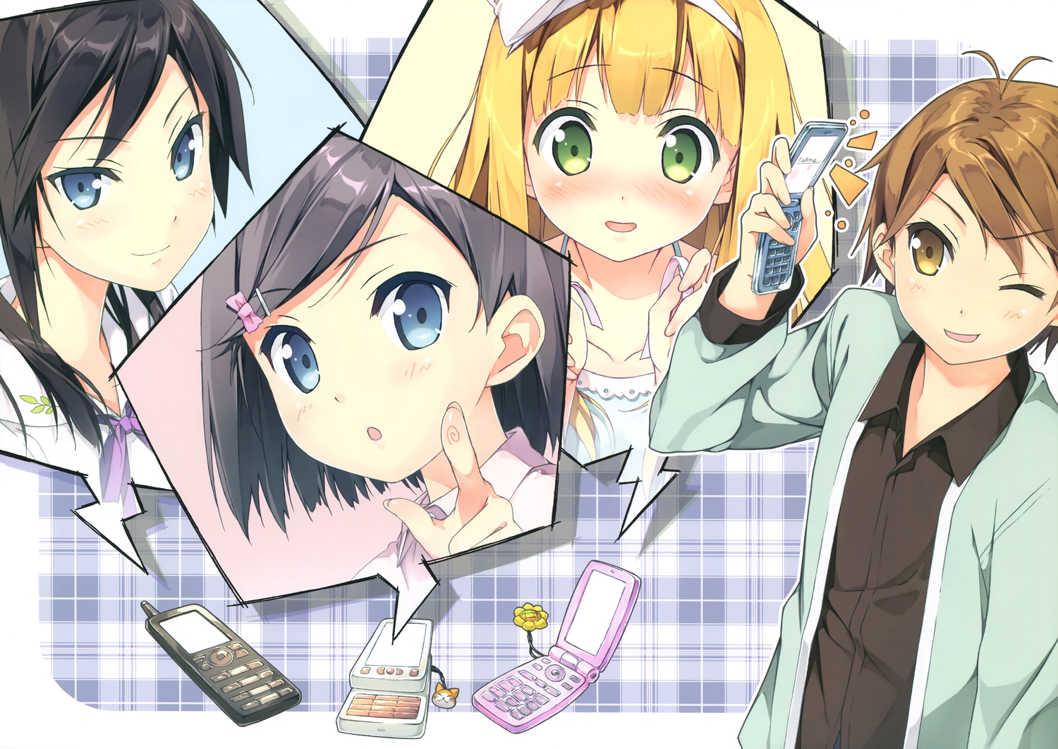 azuki_azusa, blush, hentai_ouji_to_warawanai_neko, kantoku, phone, scan, tsutsukakushi_tsukiko, tsutsukakushi_tsukushi