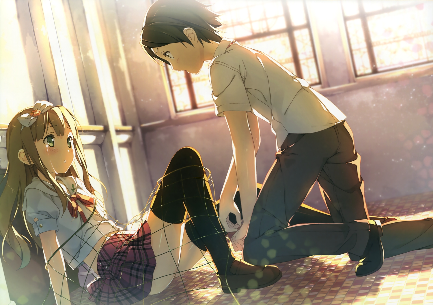 azuki_azusa, blonde_hair, green_eyes, hentai_ouji_to_warawanai_neko, kantoku, scan, school_uniform, tears, thighhighs, yokodera_youto