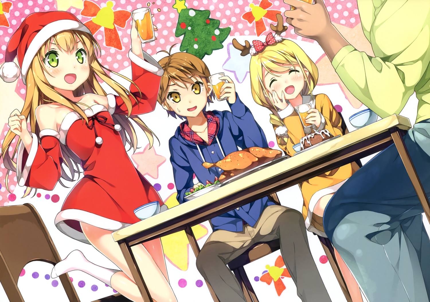 azuki_azusa, blonde_hair, bow, brown_hair, christmas, dress, drink, food