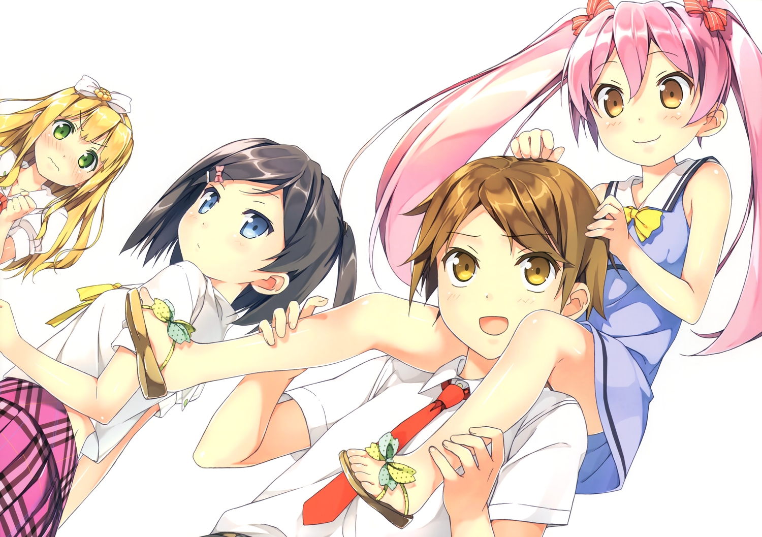 azuki_azusa, black_hair, blonde_hair, blue_eyes, blush, bow, brown_eyes, brown_hair
