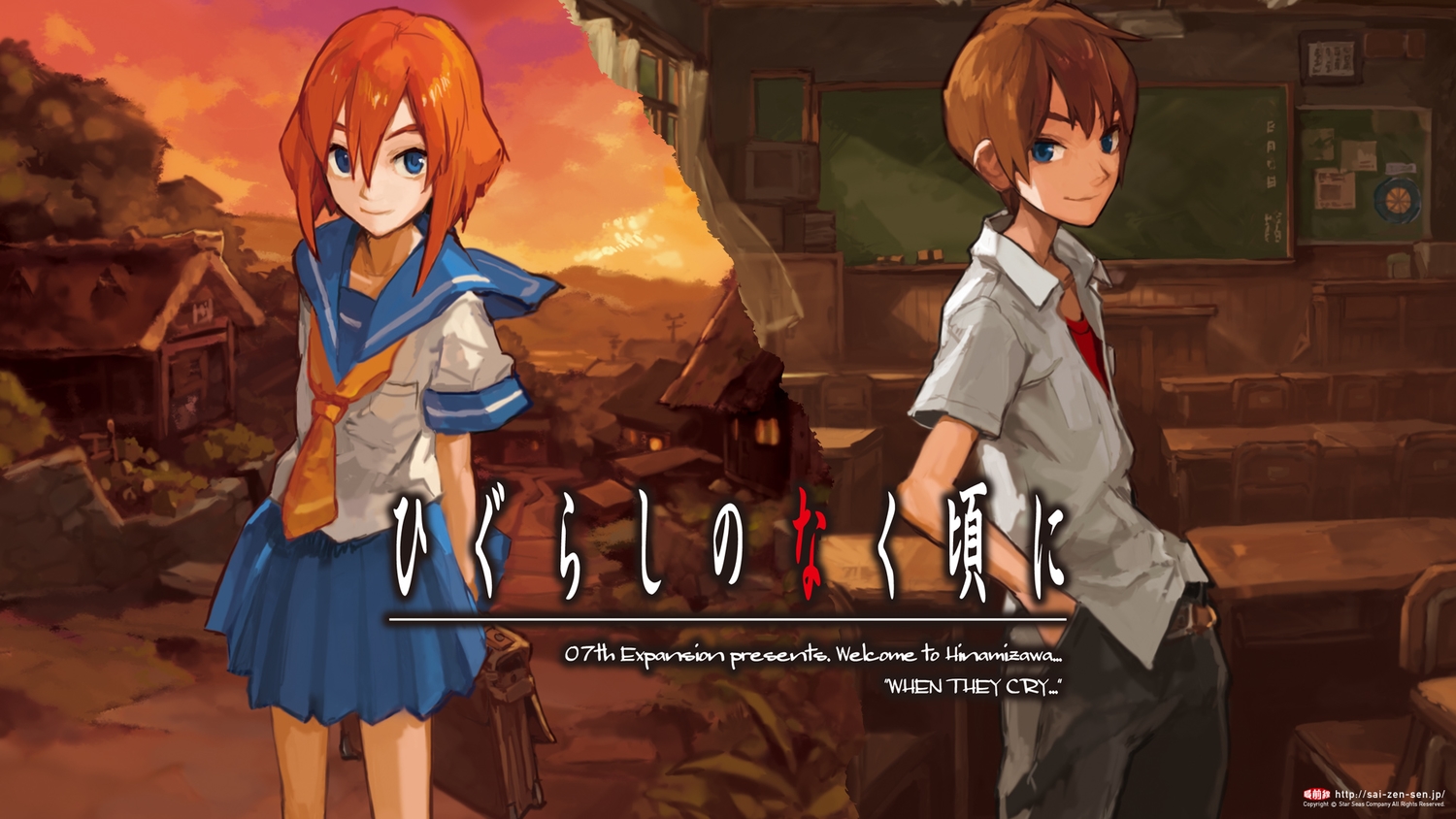 blue_eyes, brown_hair, building, higurashi_no_naku_koro_ni, maebara_keiichi, ryuuguu_rena, school_uniform, short_hair