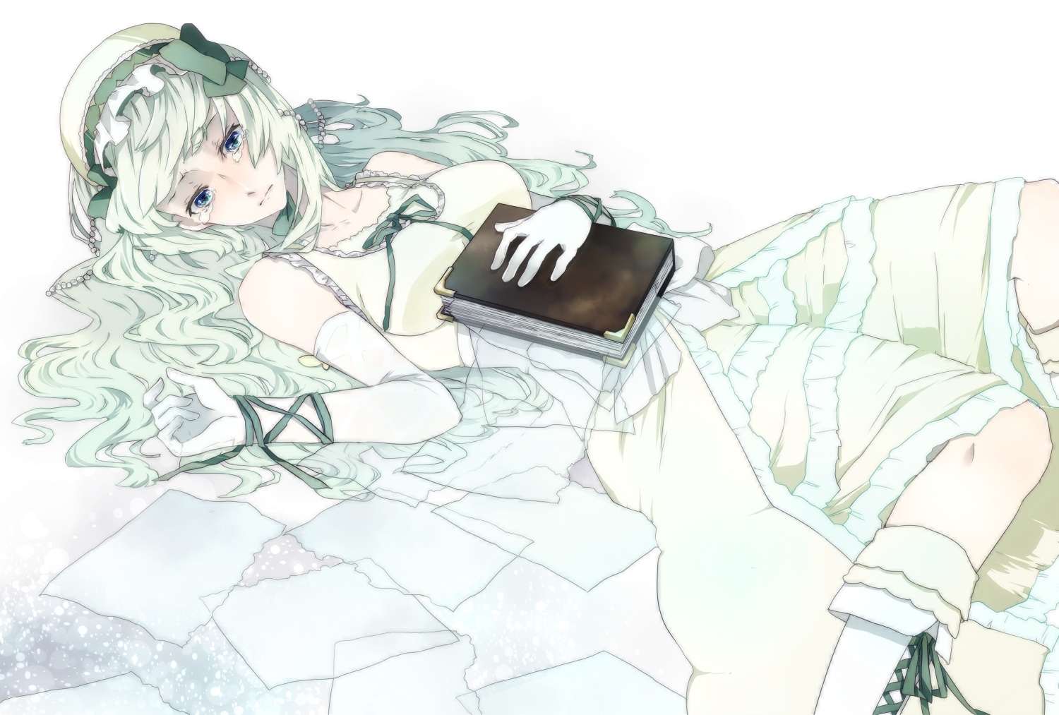 blue_eyes, book, claire_bernardus, dress, elbow_gloves, gloves, green_hair, paper, sofy, tears, umineko_no_naku_koro_ni