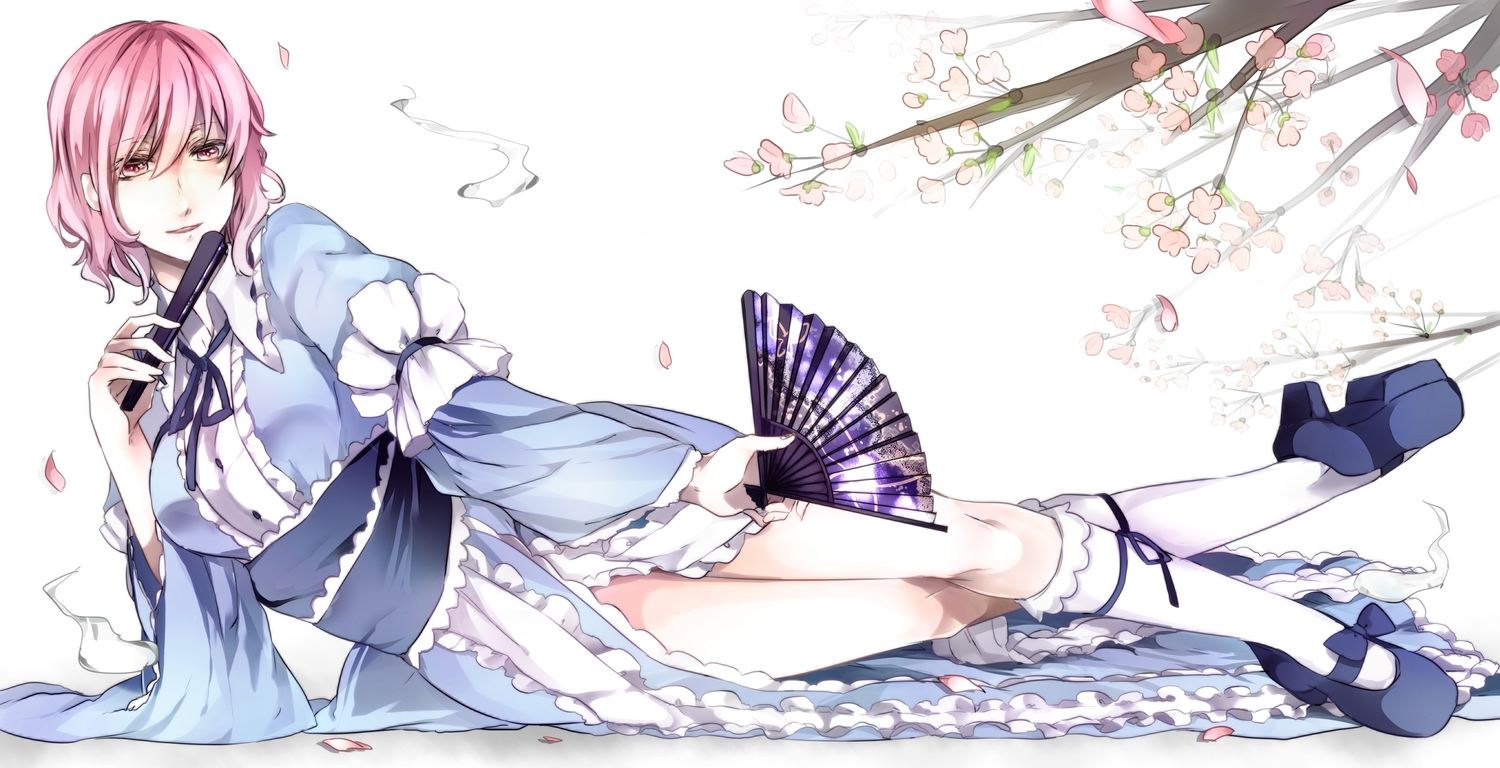 cherry_blossoms, fan, flowers, kneehighs, petals, pink_eyes, pink_hair, saigyouji_yuyuko, short_hair, sofy, touhou