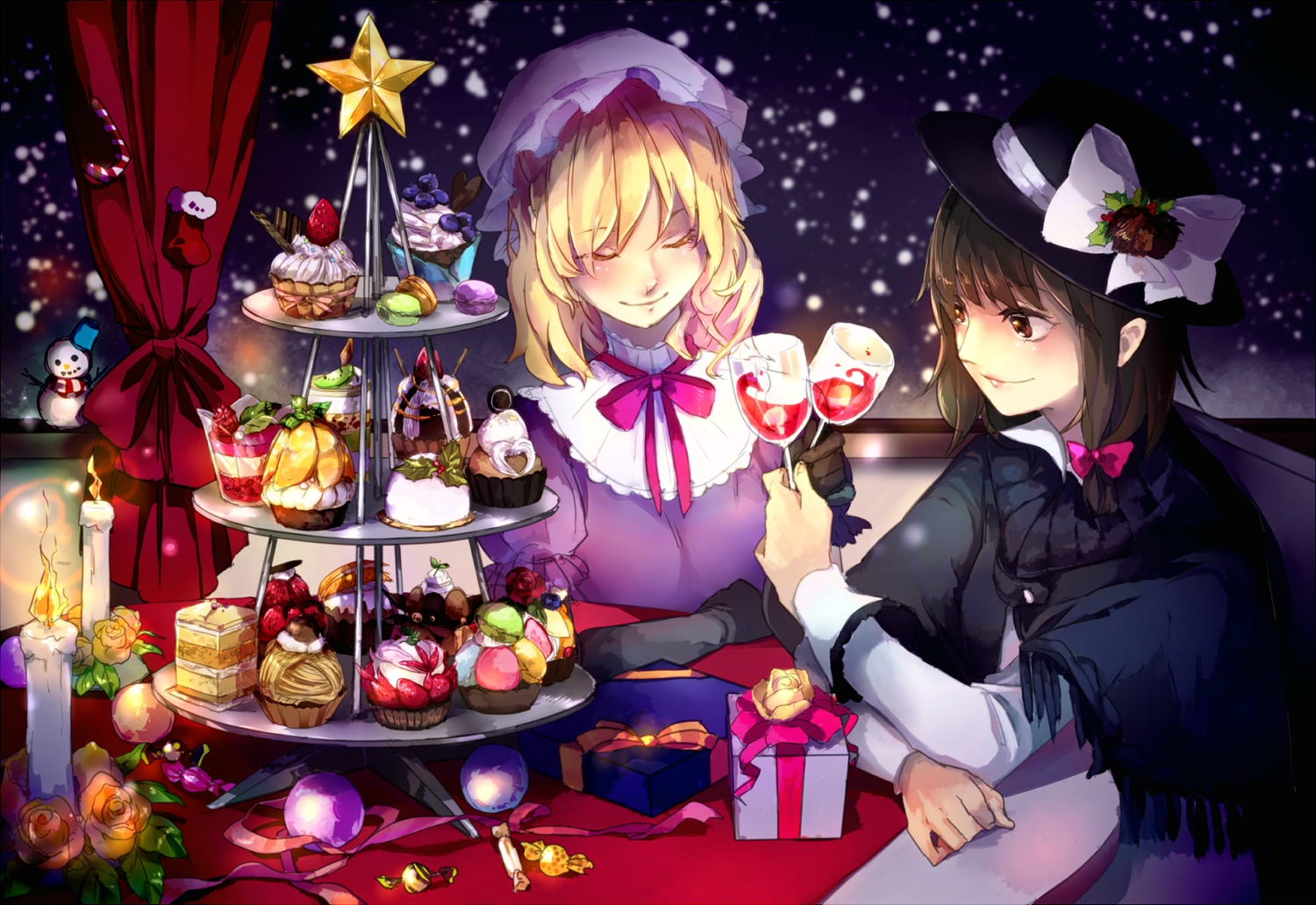 2girls, food, maribel_han, snow, sofy, touhou, usami_renko