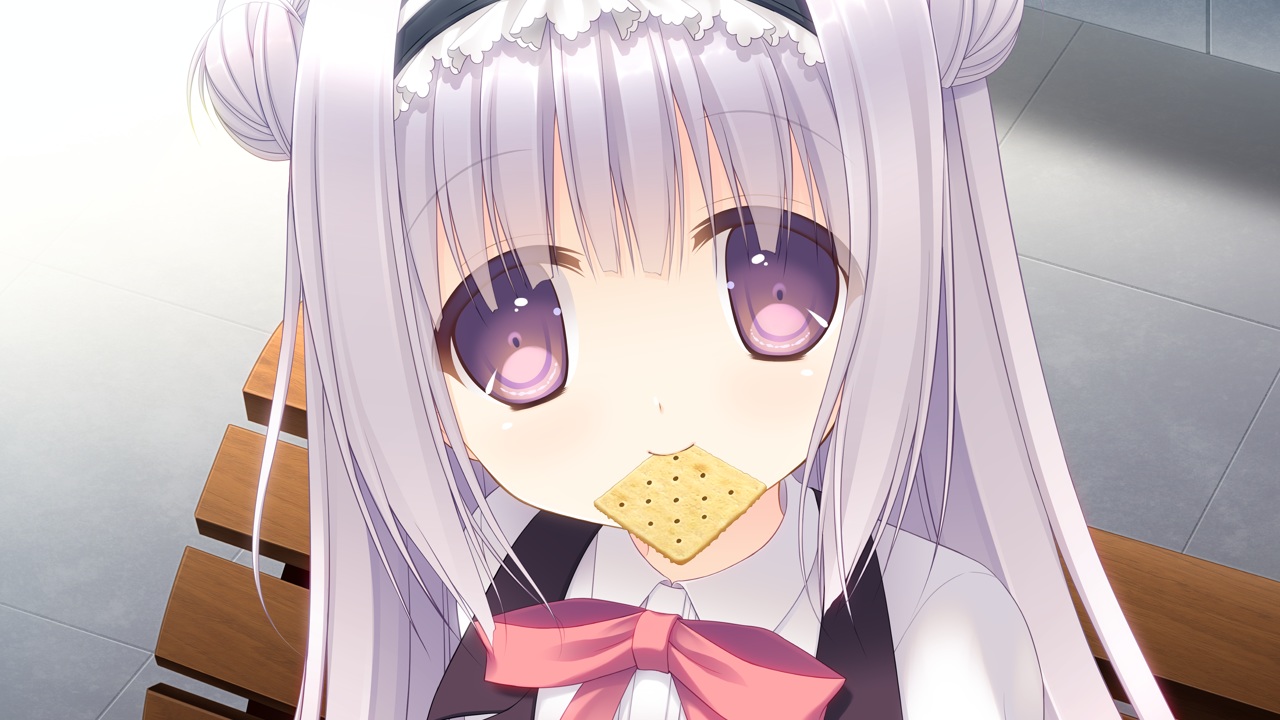 bow, close, food, game_cg, gray_hair, headband, long_hair, navel_honeybell, purple_eyes, shiina_tyris_eluard, sora_tobu_hitsuji_to_manatsu_no_hana, tanihara_natsuki