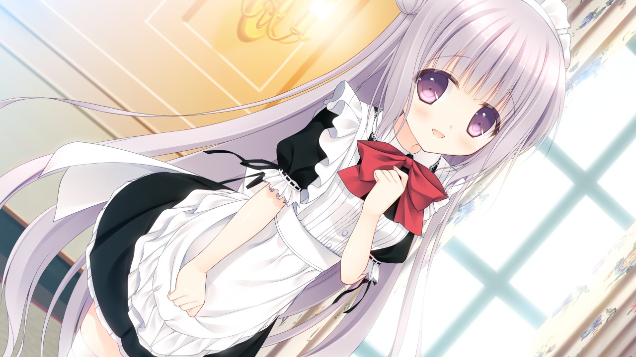 bow, game_cg, gray_hair, headband, long_hair, maid, navel_honeybell, purple_eyes