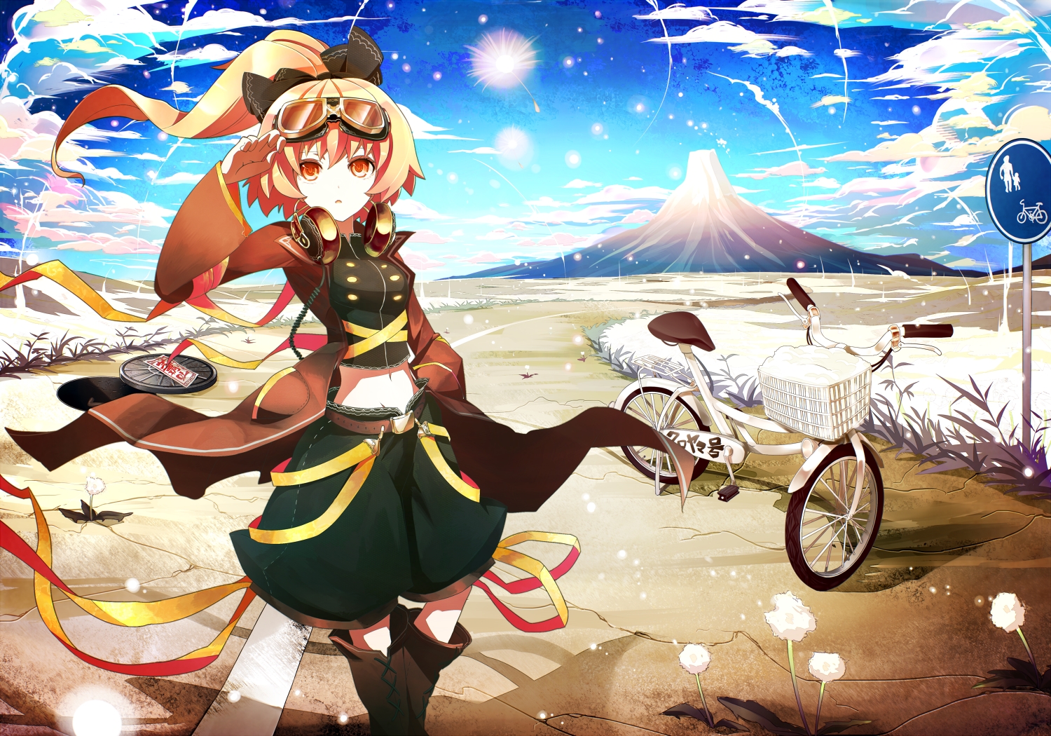 bicycle, blonde_hair, boots, clouds, goggles, headphones, kurodani_yamame, kusakanmuri