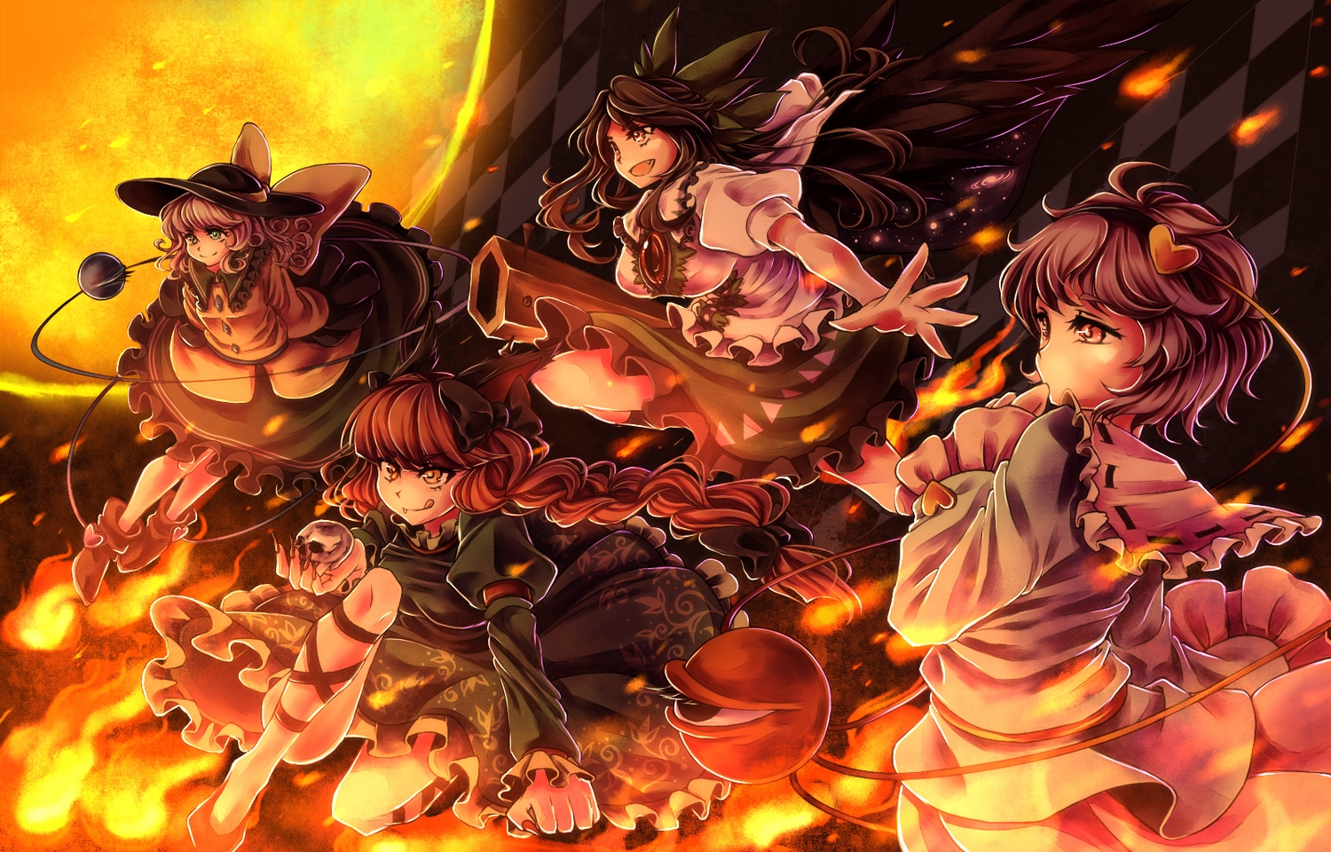 animal_ears, black_hair, bow, braids, brown_hair, catgirl, fire, green_eyes, group, hat, kaenbyou_rin, komeiji_koishi, komeiji_satori, long_hair, namuko, red_eyes, red_hair, reiuji_utsuho, short_hair, skirt, skull, touhou, wings