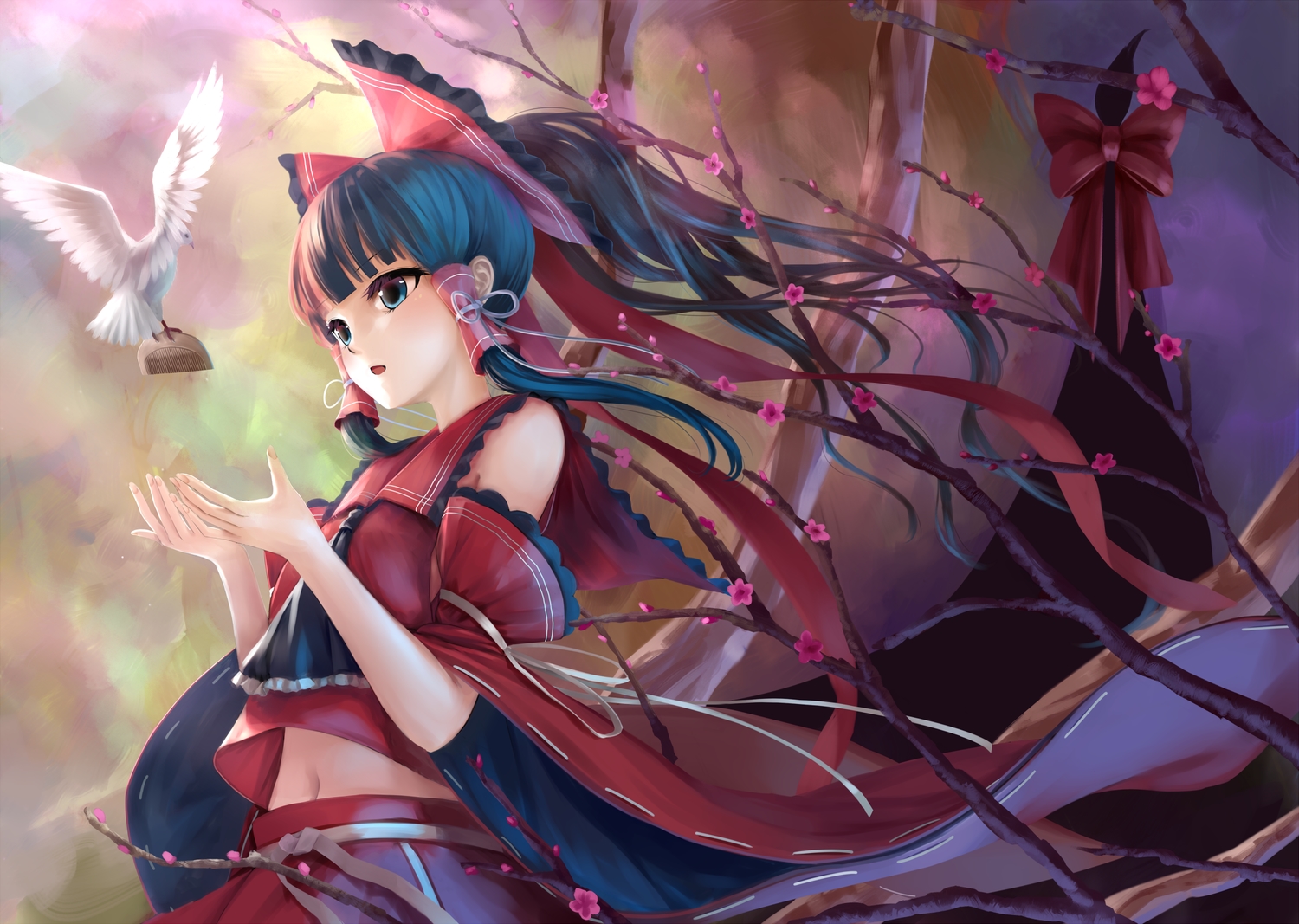 animal, bird, blue_eyes, blue_hair, cherry_blossoms, flowers, hakurei_reimu, japanese_clothes